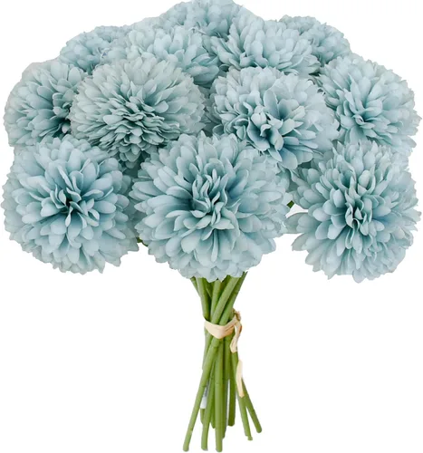 Vista 28 de Mandy's 6 tallos de seda beige Kiku flores de bola Tallos artificiales de crisantemo para decoración del hogar, verano, arreglo floral sintético