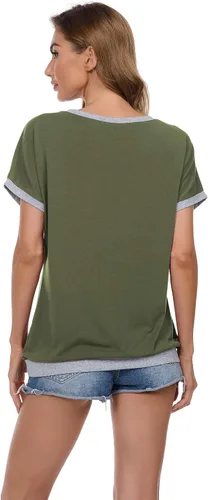 Vista 4 de JINKESI Blusa casual de verano de manga corta para mujer, con bloques de color, cuello redondo