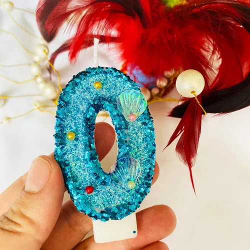 Vista 3 de Vela de número azul, velas de número con lentejuelas en forma de concha para pasteles de cumpleaños, suministros para fiestas con temática