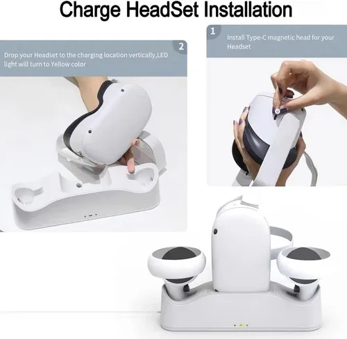 Vista 4 de Soporte de base de carga para Oculus Quest 2 con 2 baterías recargables cable de carga USB-C 4 cabezales de conector magnéticos 2 cubiertas
