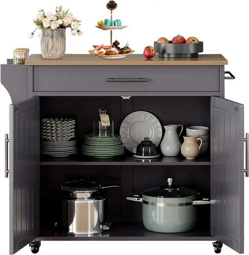 Vista 9 de Carrito de isla de cocina con almacenamiento, madera, negro