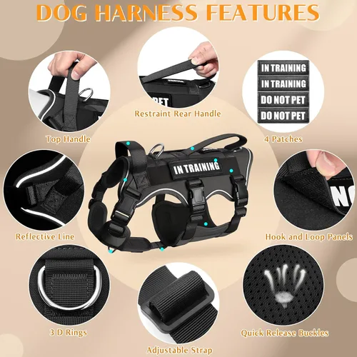 Vista 7 de WINSEE - Arnés para perro a prueba de fugas, arnés Molle de servicio y trabajo con doble asa, chaleco táctico para mascotas con 4 parches