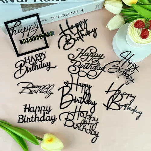Vista 6 de 10 adornos acrílicos negros de feliz cumpleaños para tartas, 10 estilos