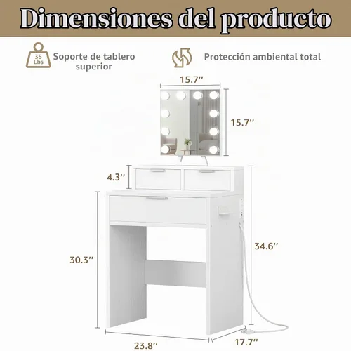 Vista 3 de BOLUO Escritorio de Maquillaje Blanco con Espejo de Hollywood y Luces, Mesa Compacta de Maquillaje para Niñas con Cajones y Enchufe para Dormitorio