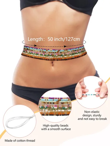 Vista 3 de Juego de 12 cuentas de cintura de 50 a 70 pulgadas, hechas a mano, coloridas cuentas africanas para el vientre, joyería para el cuerpo, joyería