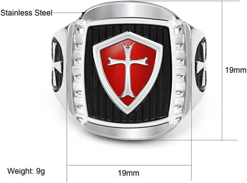 Vista 2 de pickyegg.com Anillo de caballeros templarios con escudo para hombre, acero inoxidable, plateado, talla 7-15