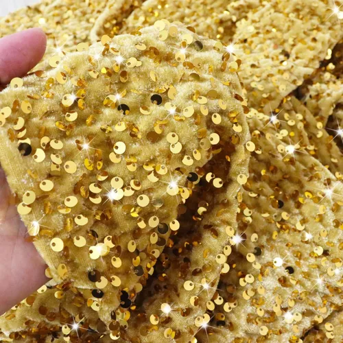 Vista 2 de The Yard - Tela de terciopelo con lentejuelas grandes bordadas doradas, material de 1 yarda para coser artesanías, vestido brillante, vestido