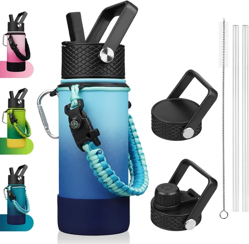 Vista 47 de BJPKPK - Botella de agua con tapa de popote, botellas de agua aisladas de 18 onzas con 3 tapas, asa de cuerda de paracaídas y base antideslizante