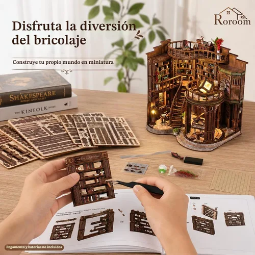 Vista 5 de Roroom Kit de casa en miniatura de bricolaje, kit de rincón de libros