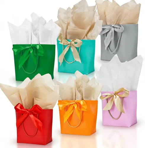Vista 13 de Aosric Paquete de 12 bolsas de regalo negras con cinta de lazo, 7.48 x 3.54 x 7.9 pulgadas, elegante bolsa de regalo de cartulina pequeña con asas