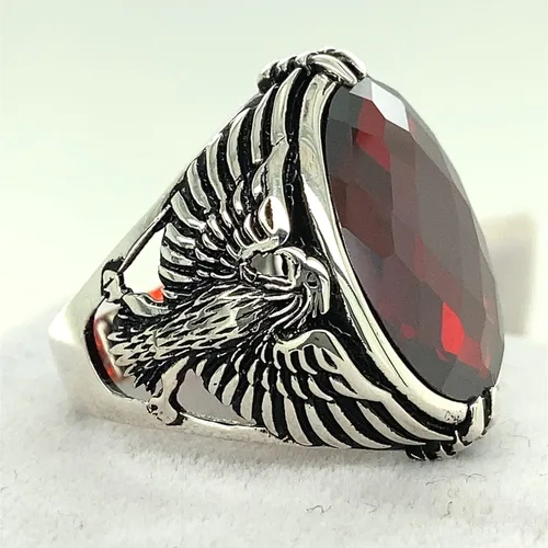 Vista 2 de Men Handmade Eagle Ring, Ruby Stone Ring, Silver Red Ruby Stone Ring, 925k Sterling Silver Ring, Handmade American Eagle Mens Ring