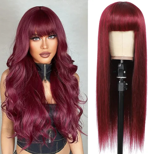 Vista 9 de Pelucas de cabello humano lacio hechas a máquina con flequillo, color borgoña #99J, sin pegamento, hechas a máquina, sin encaje frontal