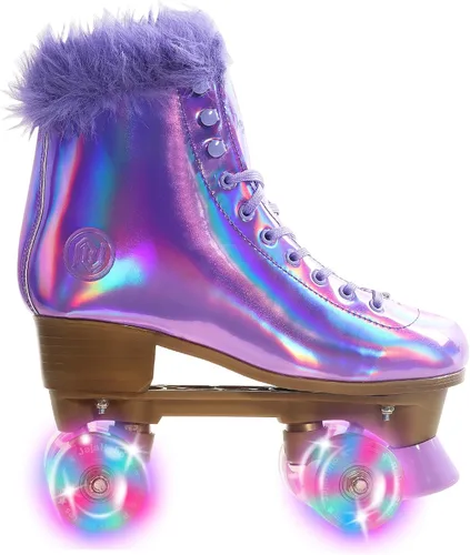 Vista 5 de JajaHoho - Patines de ruedas para mujer, holográficos de caña alta clásicos, patines brillantes de cuatro ruedas de doble fila en púrpura