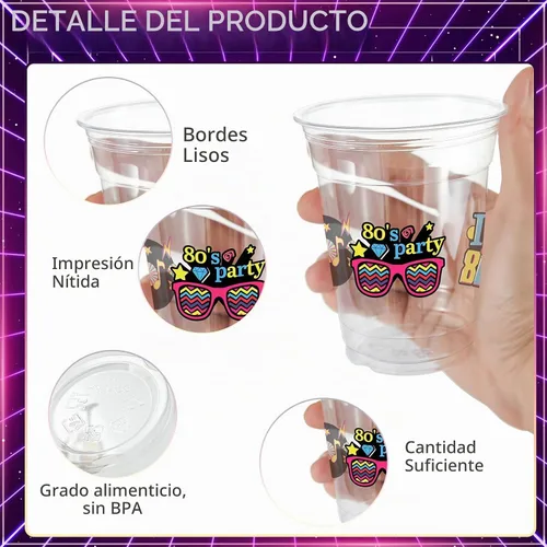 Vista 3 de 100 vasos de plástico desechables para fiestas de los 80 de 12 onzas de regreso a los 80, vasos transparentes desechables para discoteca de los 80