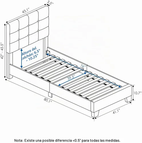 Vista 2 de Furinno Laval Marco de Cama Plataforma Tapizado con Botones Penachos, Individual, Glacier