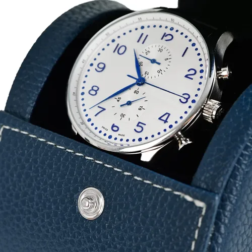 Vista 4 de Oirlv Caja de reloj de viaje de cuero de lujo caja de reloj individual para hombres y mujeres portátil joyería reloj organizador de rollo (azul)