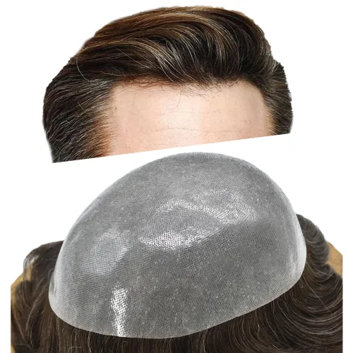 Vista 44 de PU Toupee para hombres pieza de pelo real sistema de reemplazo de cabello humano para hombres Toupee pieza de pelo para hombres piel polivinílica