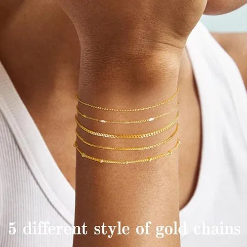 Vista 2 de Delicadas pulseras de oro para mujer, joyería de cadena de oro real de 14 quilates para mujer, impermeables, apilables, delgadas, con clip de papel