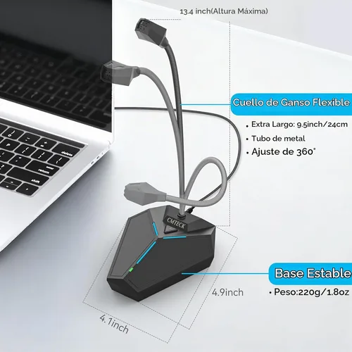 Vista 2 de Micrófono de computadora USB, micrófono de escritorio omnidireccional de condensador Plug & Play para PC y portátil, botón de silencio con indicador