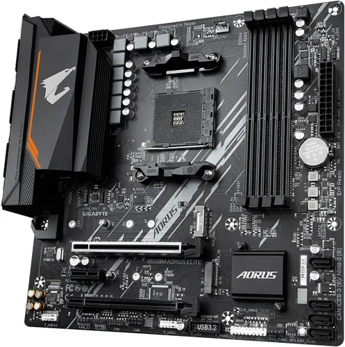 Vista 3 de GIGABYTE B550M AORUS Elite - Tarjeta madre para juegos compatible con AM4/ AMD/ B550/ Micro-ATX/ DDR4/ Dual M.2/ PCIe 4.0/ Realtek GbE LAN