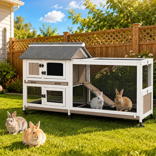 Vista 13 de Gowoodhut Conejera de 38.19 pulgadas de largo para interiores y exteriores con 4 ruedas, jaula de madera para conejo con bandeja extraíble a prueba