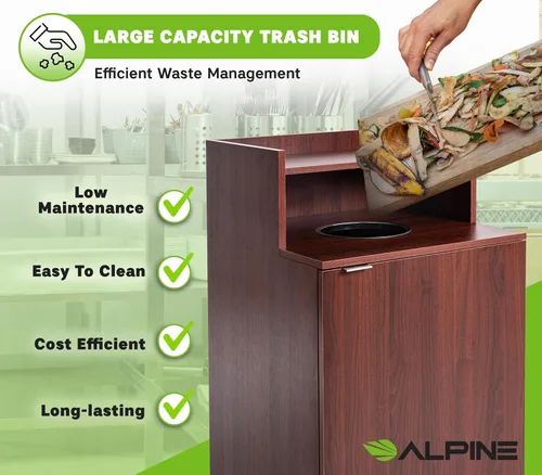 Vista 9 de Alpine Restaurant Trash Bin Cabinet - Commercial Trash Can Garbage Receptacle Indoor with Tray Holder for 32 Gallon Garbage Bin (Mahogany)