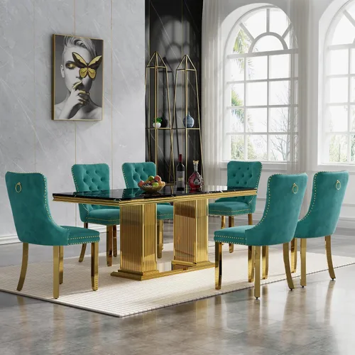 Vista 43 de Juego de mesa de comedor de 5 piezas para 4, mesa de cocina de mármol negro de 68 pulgadas con 4 sillas beige, mesa de comedor rectangular moderna