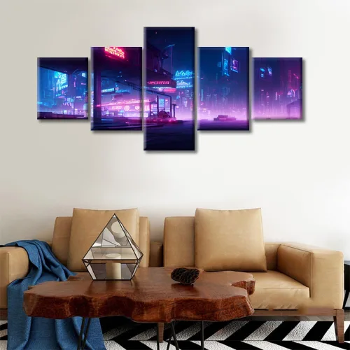 Vista 324 de Cuadros de 5 paneles de Cyberpunk City, arte de pared, representación de vallas publicitarias, edificios modernos en la capital con obras de arte
