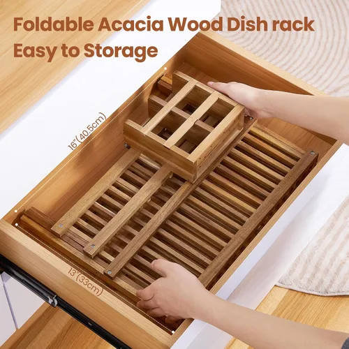 Vista 7 de NOVAYEAH Escurridor de platos de madera de acacia para encimera de cocina, 2 niveles, plegable, escurridor de platos de bambú con soporte