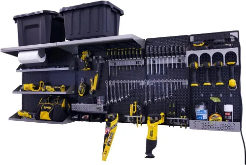 Vista 34 de OmniWall Weekend Warrior Ultimate Tool Kit - Sistema de Almacenamiento de Pared de Tablero de Clavos de Metal de 96" x 32" Negro/Naranja