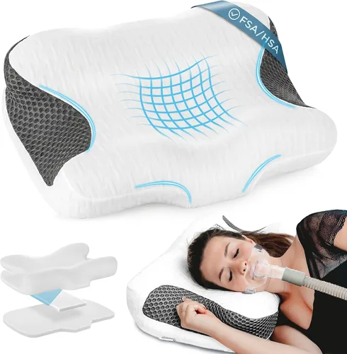 Vista 13 de Elviros Almohada cervical CPAP para el cuello para dormir, almohada ergonómica de altura ajustable para el cuello, almohada de espuma viscoelástica
