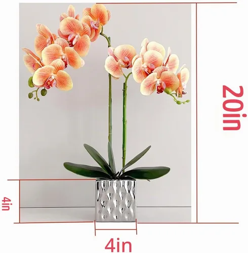 Vista 4 de Orquídeas artificiales Floreros de plata, orquídeas artificiales, orquídea naranja, altura 20 pulgadas