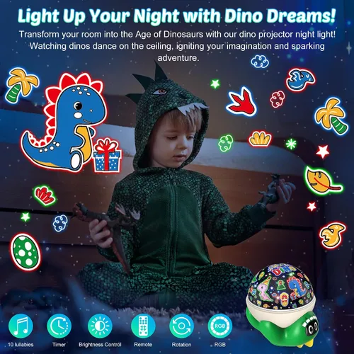 Vista 2 de Proyector de luz nocturna de dinosaurio para niños, juguetes verdes de dinosaurio para niños, luces de estrella con música y temporizador, lámpara