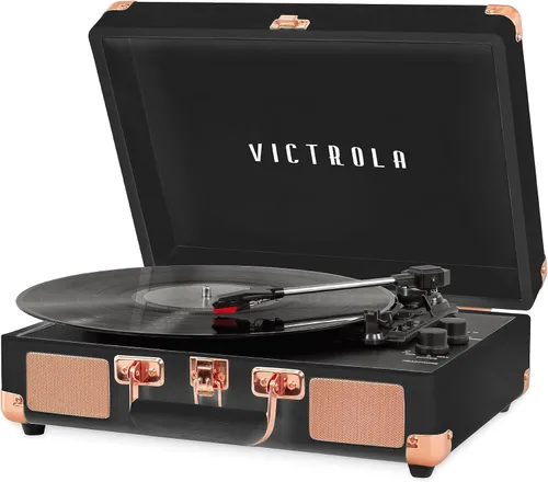 Vista 10 de VictrolaJugador de registro portátil de la maleta de Bluetooth de 3 velocidades de la vendimia con altavoces incorporados Built-in stereo