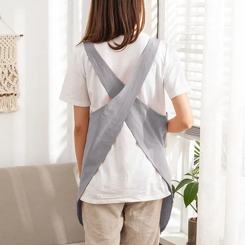 Vista 3 de Delantales de algodón con espalda cruzada, color sólido, para cocina, jardín, para mujeres y niñas con bolsillos