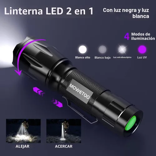 Vista 2 de Linterna UV MOWETOO con luz negra de 395 nm y luz blanca