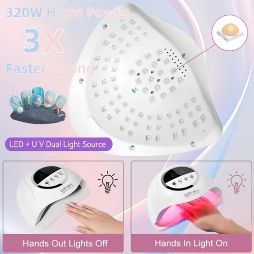 Vista 2 de Lámpara de uñas LED UV con 72 cuentas, lámparas de curado de uñas de 320 W para esmalte de gel con sensor automático/4 ajustes de temporizador