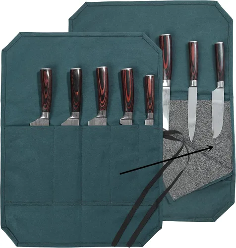Vista 7 de Bolsa de rollo de cuchillo de lona encerada resistente, bolsa portátil para cuchillos de chef, duradera (verde militar)