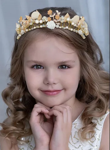 Vista 4 de Campsis Corona dorada para niñas, corona de concha, pieza de pelo de princesa, cumpleaños, cosplay, accesorios para el cabello para mujeres y niñas