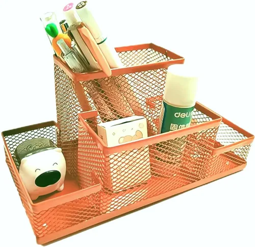 Vista 3 de Organizador de escritorio de malla metálica con 4 compartimentos NARANJA