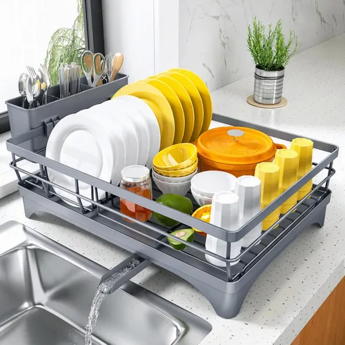 Vista 9 de SNTD Escurridor de platos para encimera de cocina - Escurridor grande con bandeja de drenaje, escurridor de platos a prueba de óxido con soporte