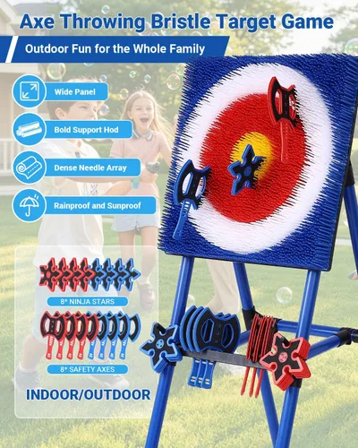 Vista 2 de Sidske Axe Throwing Game for Backyard, 8 Axes & 8 Stars, Bristle Target Azul