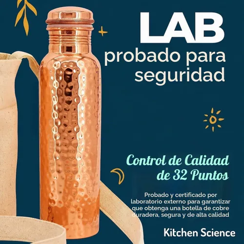 Vista 6 de Kitchen Science Botella de agua de cobre ayurvédico auténtica (1000 ml/34 oz) con vaso de cobre para agua potable, bolsa de transporte y funda