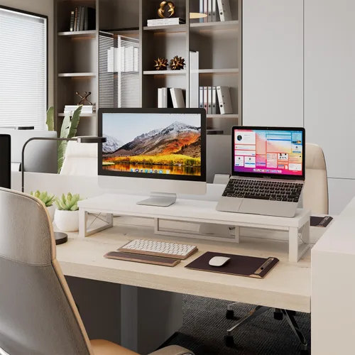 Vista 5 de IBUYKE Soporte elevador grande para monitor doble para 2 monitores, soporte de madera para monitor de computadora de escritorio, estante de Blanco