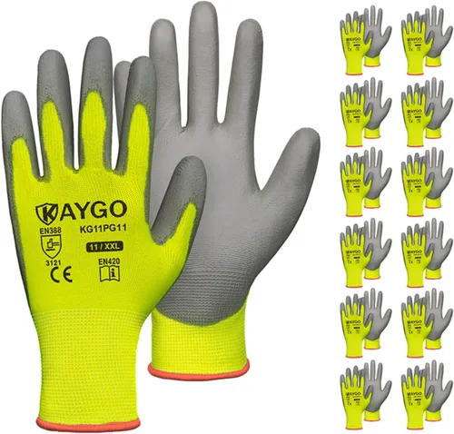 Vista 89 de KAYGO KG11PB - Guantes de trabajo de seguridad con revestimiento de poliuretano, 12 pares de guantes de punto sin costuras para hombres y mujeres