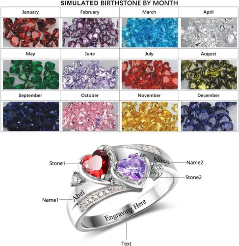 Vista 3 de Anillo de plata de ley con piedras de nacimiento, anillos de piedra natal personalizados para mujeres, mamá, nombres grabados, anillos de promesa