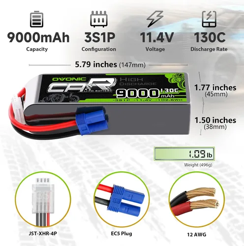 Vista 2 de OVONIC 3S LiPo Batería 9000mAh 11.4V Alto Voltaje 130C RC Batería con conector EC5 (paquete de 2)