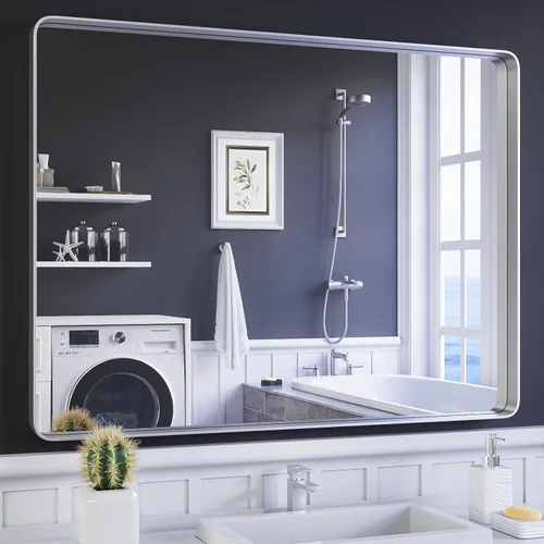 Vista 39 de ISKM Espejo con marco negro para pared de 20 x 16 pulgadas, espejo de tocador de baño antioxidante, vidrio templado, espejo rectangular redondeado