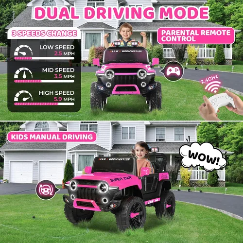 Vista 2 de Juguetes de paseo de 24 V para niños, camión eléctrico 4WD de 2 plazas con control remoto parental, Jeep rosa para niñas, 3 velocidades, suspensión