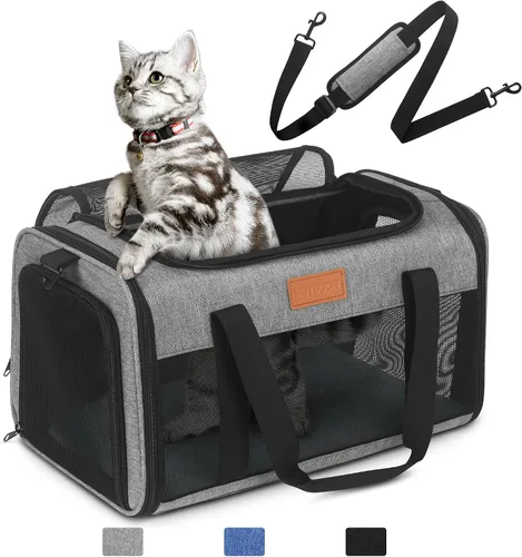 Vista 15 de PETUX - Transportador de mascotas aprobado por aerolíneas para gatos pequeños de hasta 12 libras, color negro 17x11x9.5 in, Underseat, Top & Side